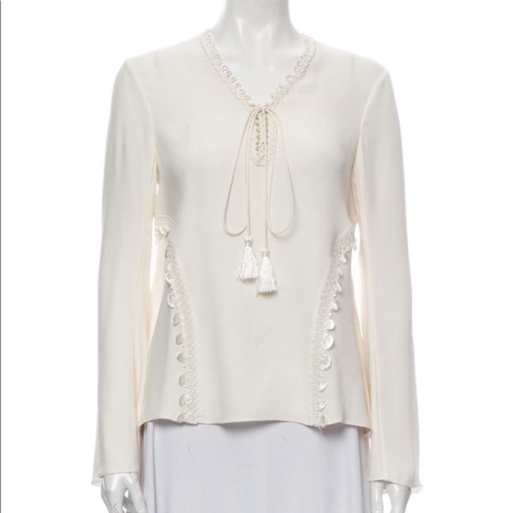 Jonathan Simkhai Boho White Long Sleeve Peasant Blouse | Tassel Tie & Lace Trim - Picture 1 of 4